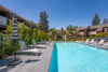 Large outdoor pool with while sun loungers surrounded by trees and 2 story apartment buildings